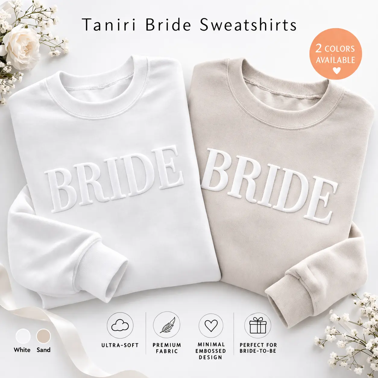 Taniri Women's Bridal Hoodie Sweatshirt - Fitted, Casual Chic, Soft Minimal Round Neck Long-Sleeve Top, Puff Print, Embossed Bride Pullover, Wedding Morning Outfit, Honeymoon Gift