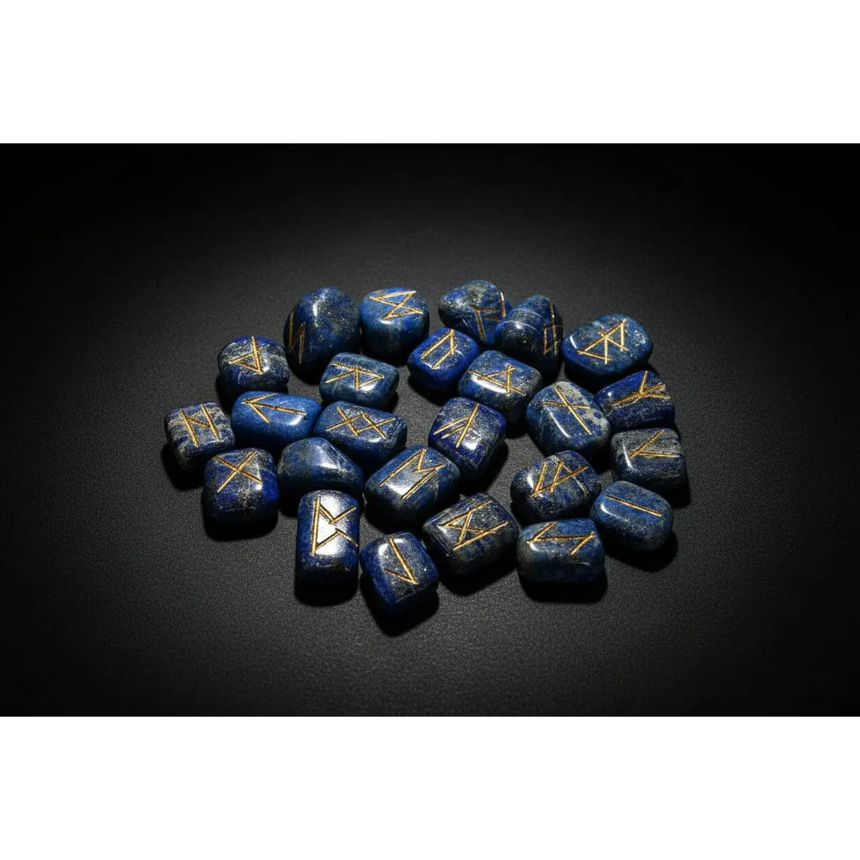 Lapis Lazuli Rune Set with Board – 25 Engraved Stones, Pouch & Guide
