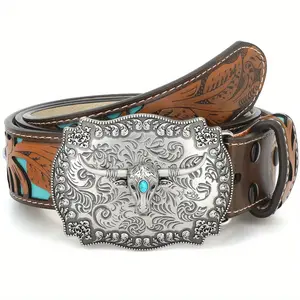 Unisex Western Carved PU Leather Belt Bull Buckle Vintage Denim Western Belt