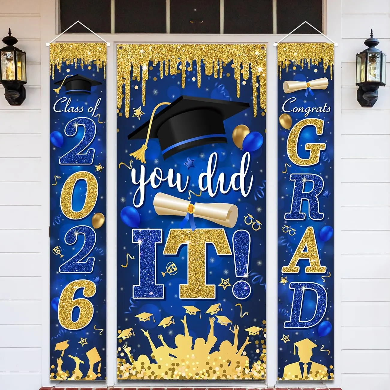 Blue and Gold Graduation Decorations Class of 2026 Congrats Grad Banner and You Did It Graduation Door Cover for High School College Grad Party Supplies
