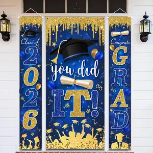 Blue and Gold Graduation Decorations Class of 2026 Congrats Grad Banner and You Did It Graduation Door Cover for High School College Grad Party Supplies