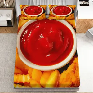3Pcs Ketchup Fries Snack Fitted Sheet Three Piece Set (1*Fitted Sheet+2*Pillowcases, Coreless), Foodie theme, Unique Kitchen Decor Bedding Set, Mattress protector Soft, Breathable