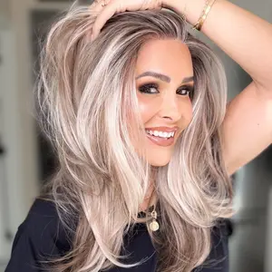 AISOM Jenna Layered Straight Buttercream Blonde mix Brown 13x4 Free Part Lace Front Wig with Scandinavian Hairline Wolf Cut Low Density 20 inches