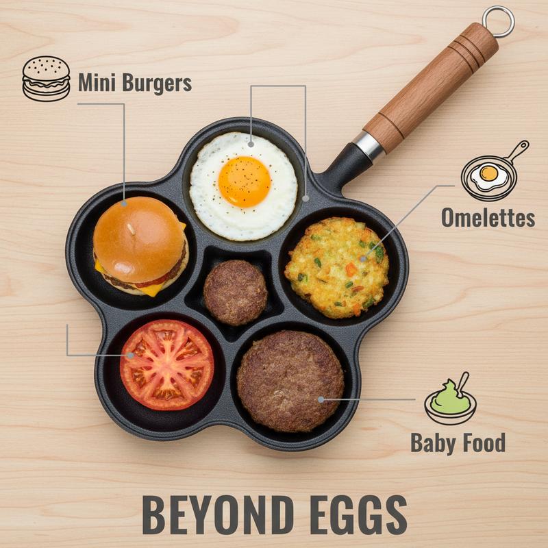 6-Hole Cast Iron Frying Pan Non-Toxic Naturally Non-Stick Fits All Stoves for Eggs Mini Burgers Pancakes Safe Everyday Use Easy Cleanup