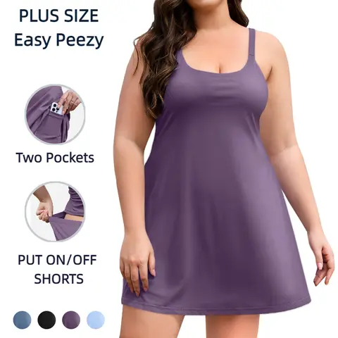 COOTRY Womens Plus Size Tennis Dress Built in Bra & Shorts Easy Peezy Adjustable Straps Athletic Golf Workout Exercise Dress with Pocket | Plus size fashion