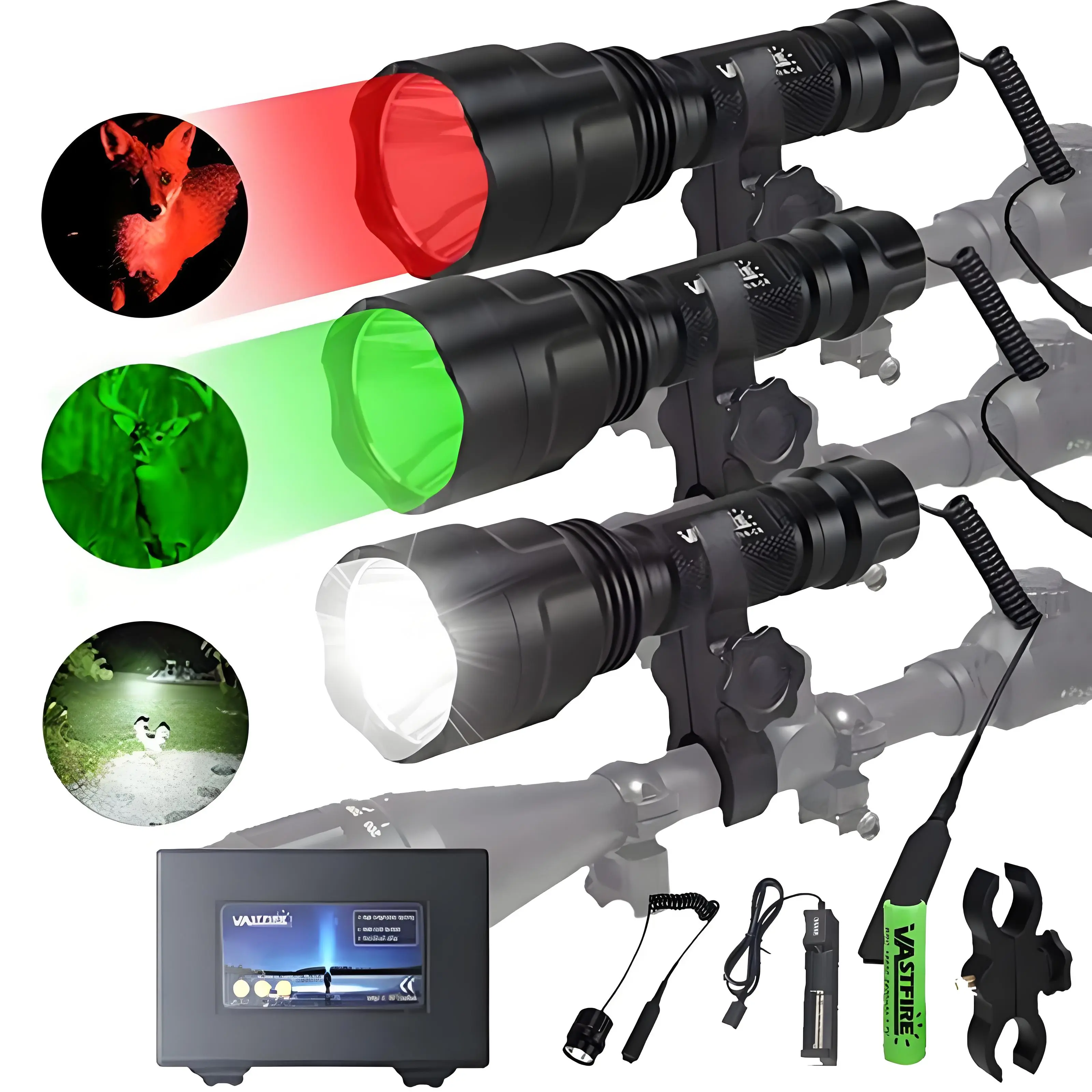 High Power 350 Yards Rechargeable LED Flashlight w/ Pressure Switch (Red/White/Green) - For Hunting/Fishing/Camping/Beekeeping, Longrange Handheld Spotlight w/ Gift Box, Flashlight Lights