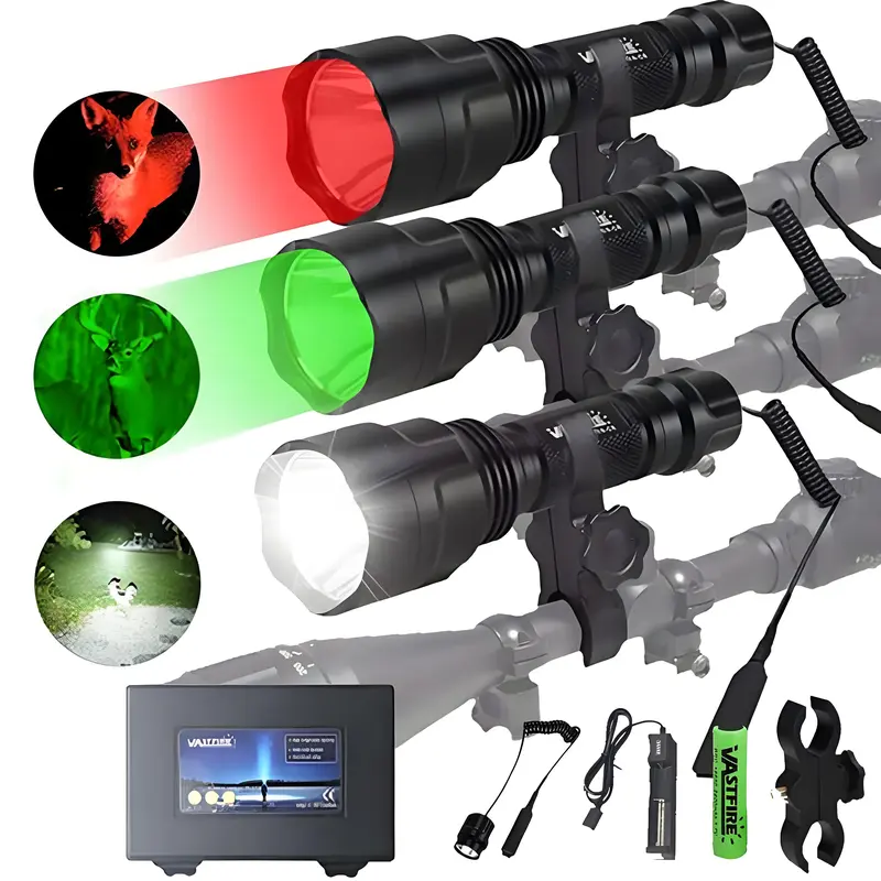 High Power 350yd Rechargeable Aluminium Outdoor LED Flashlight - Compact Waterproof Long Range Handheld Spotlight w/ Pressure Switch (Red/White/Green), For Hunting, W/ Gift Box