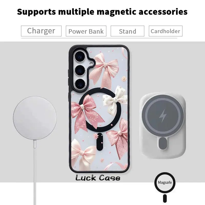 Chic Magnetic Bow Cellphone Case - TPU Shockproof, Anti-Scratch Casing for Galaxy S24 Plus, S25 Ultra, S23 FE Ultra, S22+, iPhone 17 Air, 16 Plus, 15 Pro Max, 14,13,12,11 - Phone Protection Accessory
