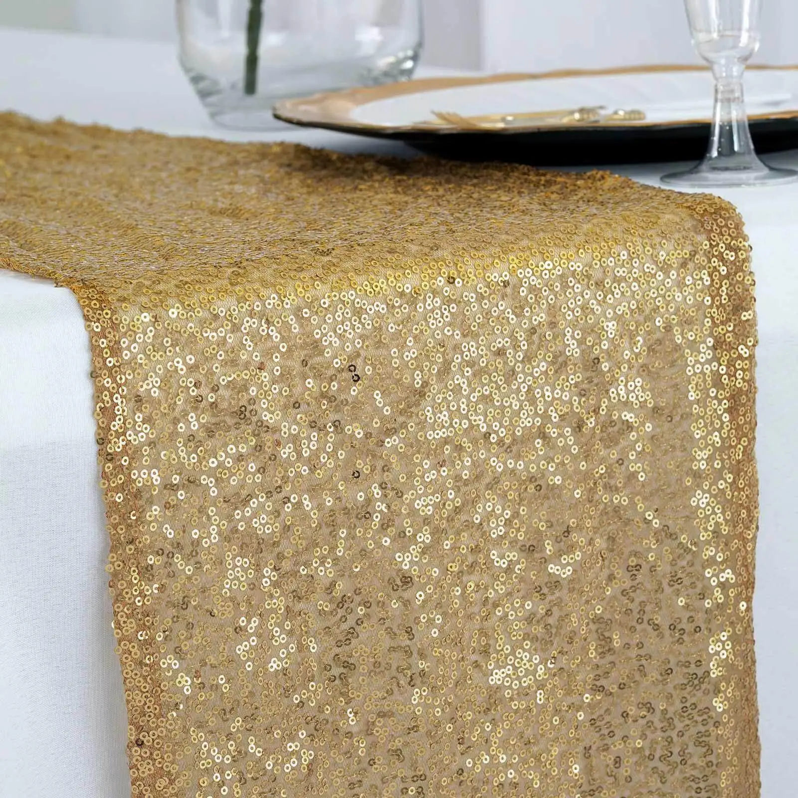 1-Piece 12"x108" Rectangle Gold Sequin Table Runner, Sequin Party Linen, Glam Glittering Design, Dry Clean Only, All Seasons Banquet Table Setting, Ideal for Weddings