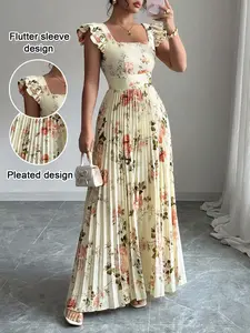 Women's Square Neck Floral Elegant Ruffled Long Dress, High Tie-waist Slim Fit A-Line Party Dresses, With Ruffled Short Sleeves, Elegant and Romantic Women's Dresses, Floral Pattern Dress