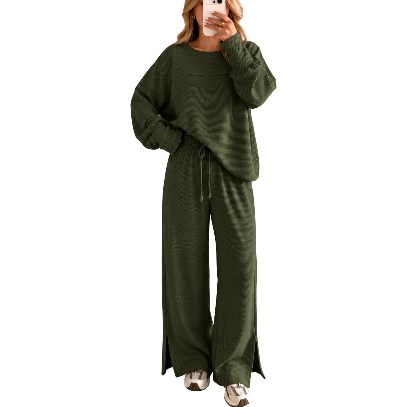 Women’s 2-Piece Waffle Knit Loose American Casual Loungewear Set, Women's Clothes for Home, Daily Walking, Short Trips