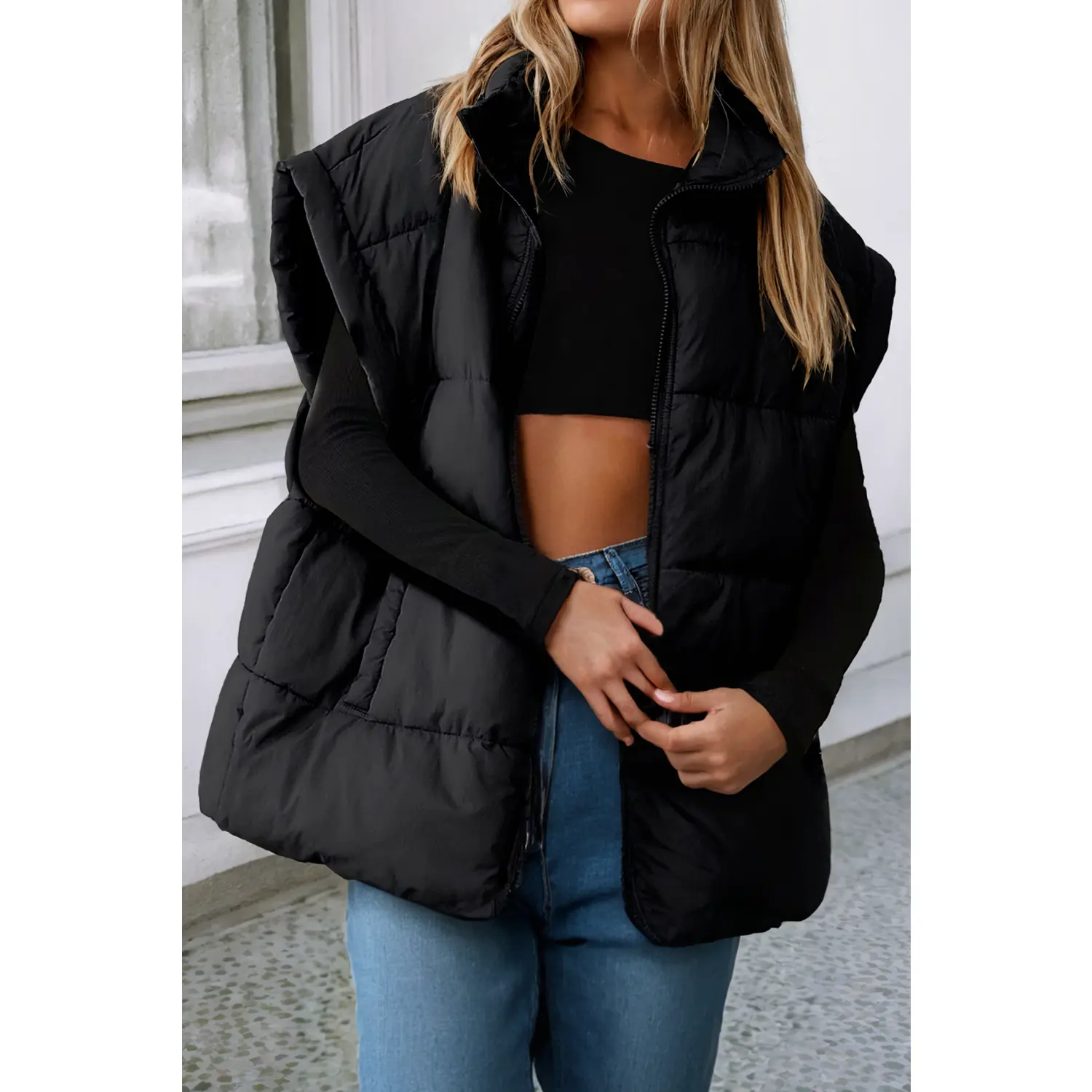 Solid Zipper Stand Neck Oversized Puffer Vest