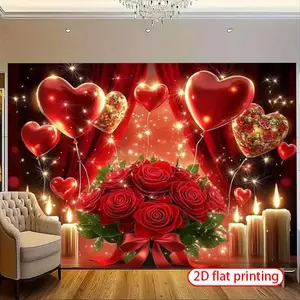 1PC,2D Flat Romantic Love Heart Rose Candle Theme Backdrop, Valentine's Day Proposal Confession Decorative Tapestry, Warm Atmosphere Decoration Background Wall for Bedroom & Living Room, Party Photo