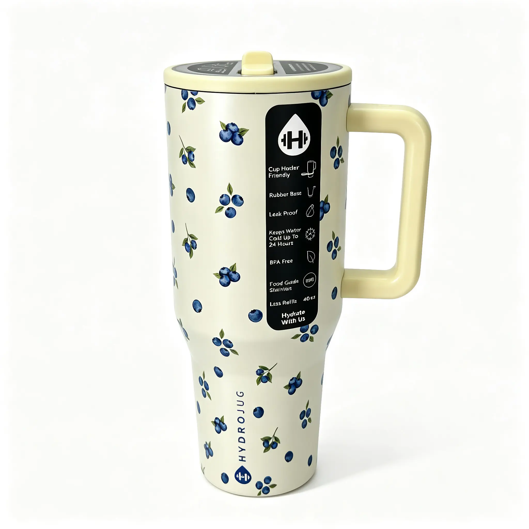 HydroJug 40oz Vintage Stainless Steel Insulated Tumbler - Cream Ditsy Blueberry Fruit Print, Pale Yellow Handle, Leak-Proof Travel Kitchenware Vacuum Flask Sports Bottle Dr Pepper vaso ultimate legacy collector edition travel double wall beer