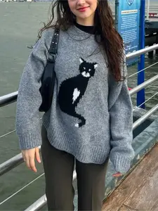 Women's Cat Jacquard Loose Knit Sweater, Knitwear, Casual Lazy Style, Fall/winter Fashion Top, Relaxed Fit Daily Wear