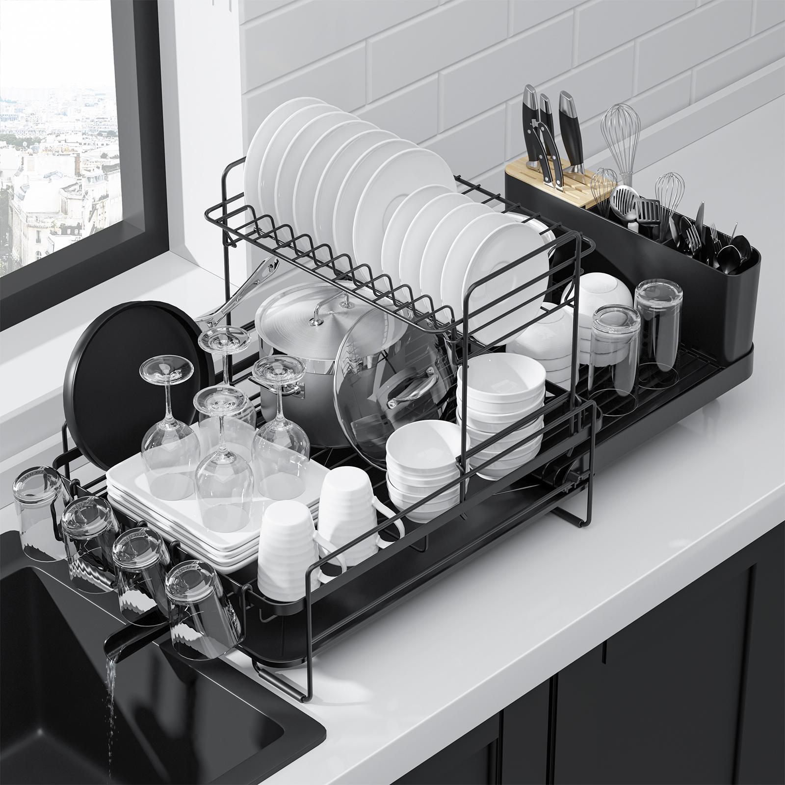 Black Expandable Dish Drying Rack Over Sink, Adjustable Iron Spray Coated Dish Rack with Drainboard, Large Capacity Kitchen Organizer for Plates Bowls Utensils, Space Saving Sink Rack Storage Holder