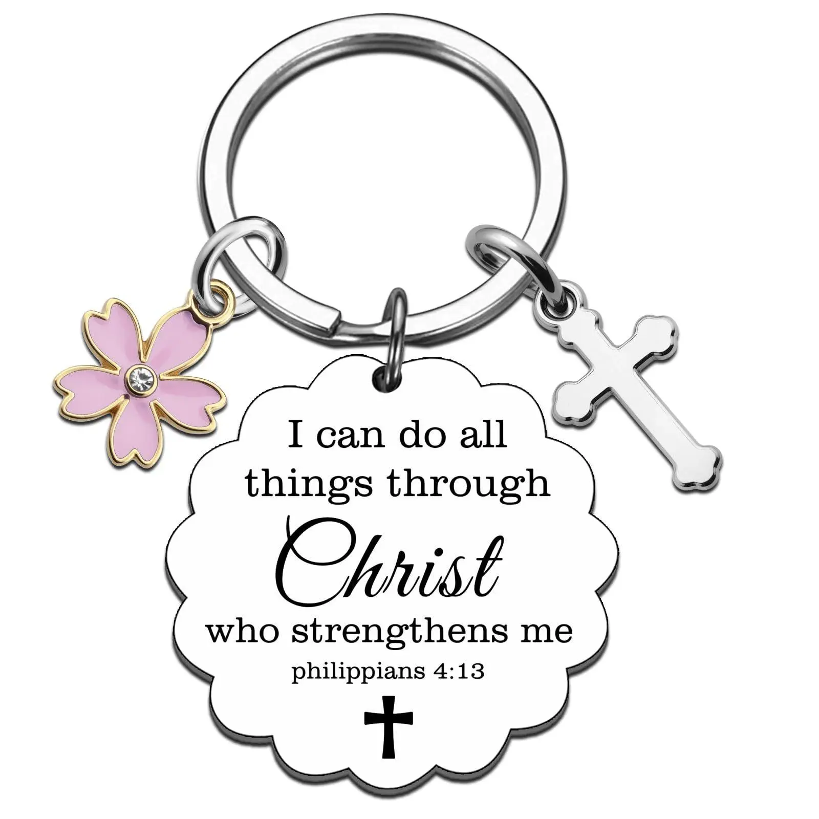Bible Verse Faith Keychain, I Can Do All Things Through Christ Keyring with Pink Flower Charm, Christian Encouragement Gift for Her, Religious Spiritual Present for Baptism, Comfort Gift for Friends