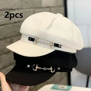 2pcs Adjustable Vintage Beret Hats for Women - Classic White & Black Octagon Painter Caps with Metallic Buckle Detail, Breathable Woven Fabric, Perfect for Parties, Mothers Day Gift, Hand Wash Only, Versatile Fashion Accessory | Decorative