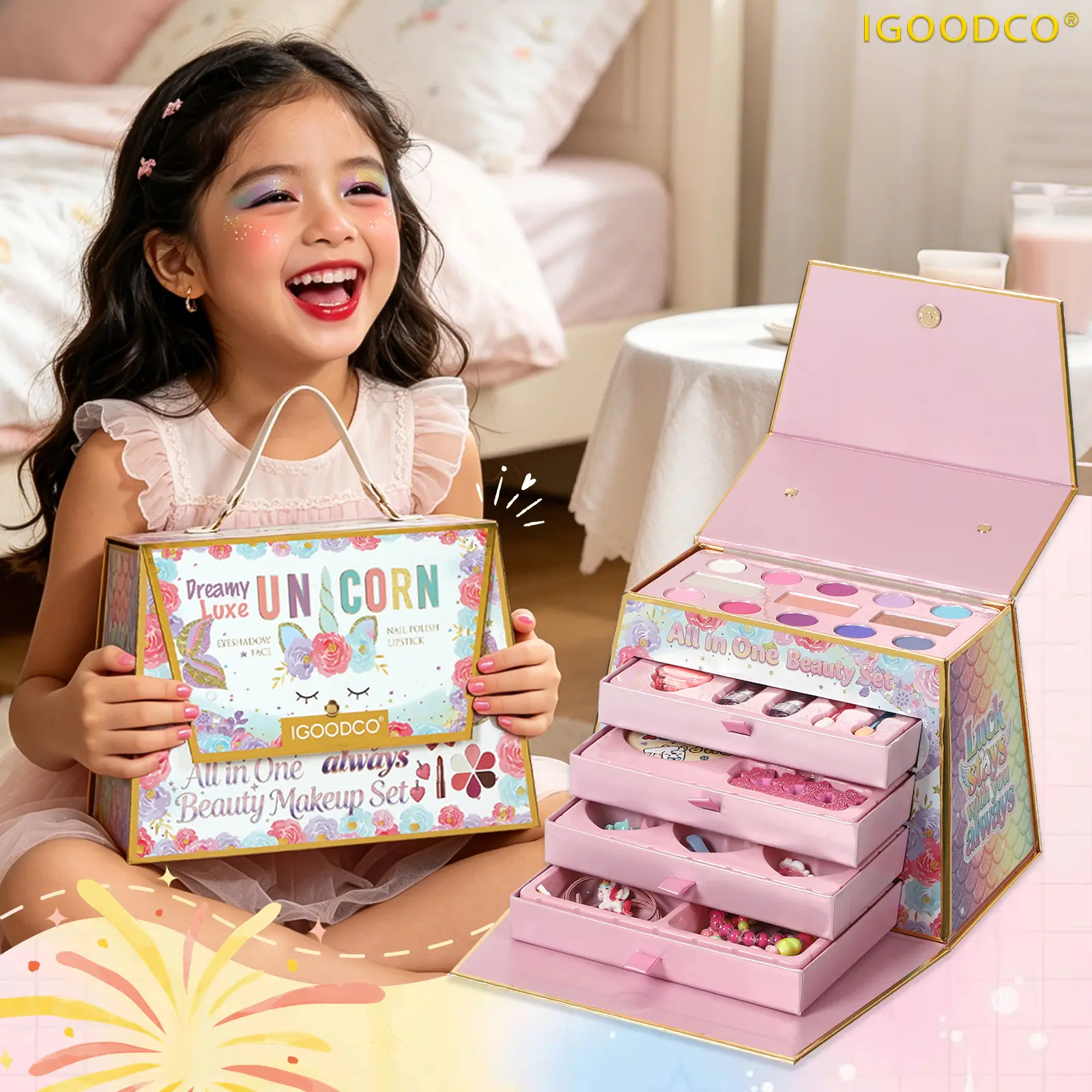 IGOODCO (IG3338) Unicorn Princess Multi-Use Girl's Cosmetics Set - Complete Children's Kit with Random-Color Small Accessories