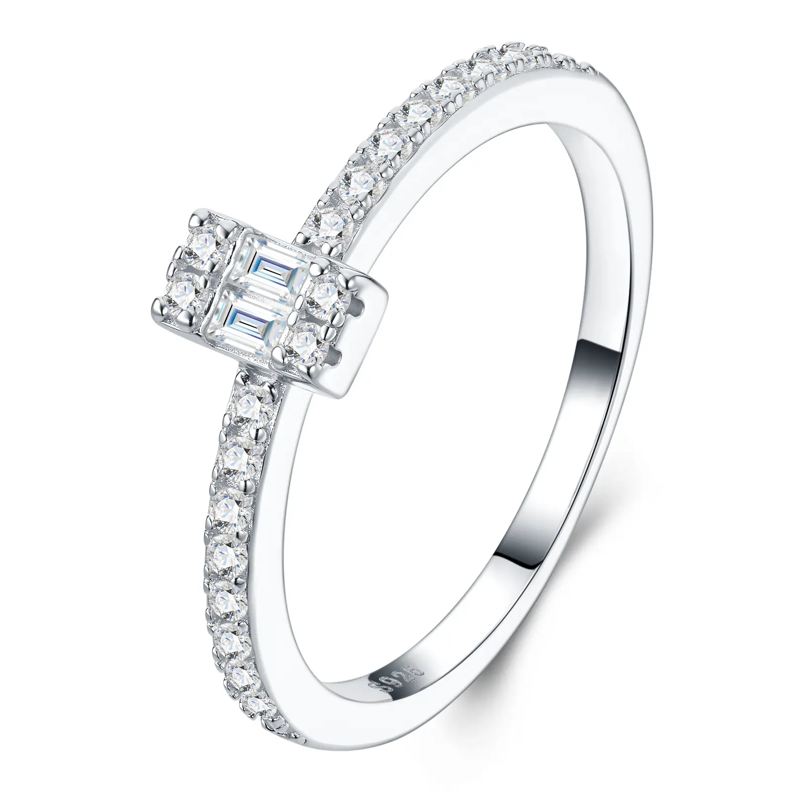 Geometric Double-Baguette Moissanite Ring, Channel-Set Center, D Color VVS Baguette-Cut Moissanite, S925 Sterling Silver, Round-Stone Frame and Pavé Band, Engagement, Wedding and Anniversary Gift for Women