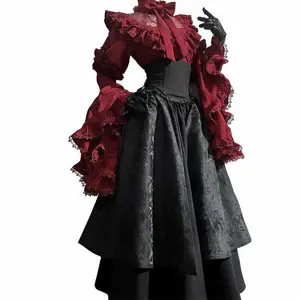 Gothic Shirt Y2k Top Lolita Girls Ruffle Umbrella Skirt High Waist Oversized Long Skirt Horn Long Sleeve Student Elegant Blouse Regular Fit