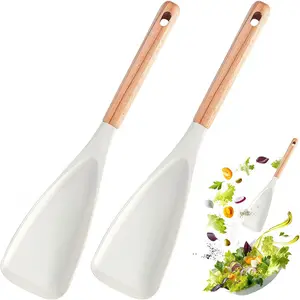 2PCS Multi-Function Lightweight Cooking Spatula Set, Kitchen Utensils, 2-in-1 Silicone Wood Handle Spatula Heat-Resistant Non-Stick Cooking Tool Easy Clean, BPA-Free Stir, Scoop, Scrape