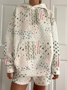 Christmas Holiday Quilted Hoodie - Long Sleeve, Scoop Neck, Oversized Fit, Cute & Casual, Winter Wear, Floral & Geometric Prints, 65% Cotton 35% Polyester