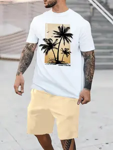 Two-Piece Set Men's Coconut Tree Tropical Graphic Crew Neck Tee & Drawstring Shorts Set, Loose Casual Outdoor Round Neck Short Sleeve T-Shirt & Elastic Waist Pocket Shorts, Summer Men's Two-Piece Outfits