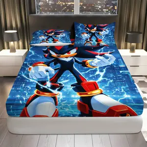 3Pcs Electric Hero Nightscape Lightning Fitted Sheet Three Piece Set (1*Fitted Sheet+2*Pillowcases, Coreless), Gaming theme, Character Bedding Set, Mattress protector Soft, Breathable, Breathable Sheets