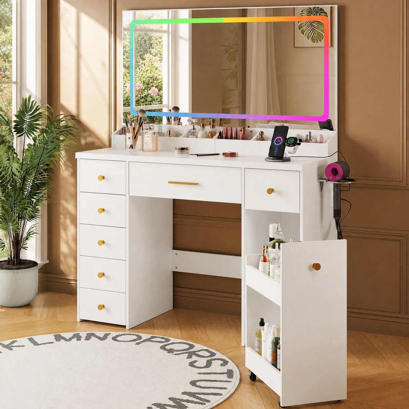 Vanity Desk with Mirror and Lights, 7-Drawer Storage, 2-Tier Rolling Pull-Out Cabinet, Power Outlet - Makeup Vanity Desk for Bedroom/Dorm, Great Gift Idea
