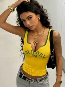 Brazilian Theme Edge V Neck Letter Print Halter Top for Women, Slimming Short Sleeveless Shirt, Party Date