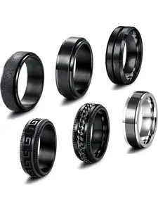 Pack of 6 Stainless Steel Rings for Men Vintage Wide Black Rings Rotating Chain Ring Vintage Spinner Ring Men Wedding Promise Band Rings Size 54-70