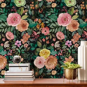 Dark Floral Peel and Stick Wallpaper 480" L x 17.7" W Black White Big Flower Wallpaper Watercolor Waterproof Wallpaper Wall Decor Wallcovering Wall Mural Cabinet Wallpaper
