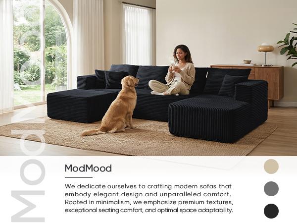 【2 Packages Shipping】MODMOOD 133" Plush Corduroy Cloud Velvet Modular Boneless Couch with Chaise & Ottoman, No Assembly Required - L/U-Shaped Sectional Sofa Set with Flexible Configuration - 133"W x 61.2"D x 25.59"H, convertible