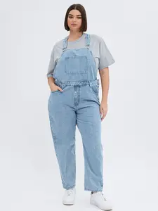 Light Blue High-Waisted Denim Overall Pants, Womenswear Y2K Millennial Style Fashion, Adjustable Straps, Practical Front Pockets, All Seasons Wear, Fit