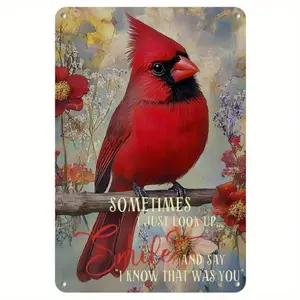 Vintage Farmhouse Red Cardinal Bird Metal Wall Art Decor with Floral Accents Heavy Duty Iron Sign for Kitchen Living Room Home Office Housewarming Gift