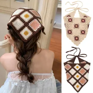 2Pcs Crochet Bandana Head Kerchief Hair Scarf Knitted Hair Scarves Tie Flowers Headwrap Headband Gift for Women and Girl