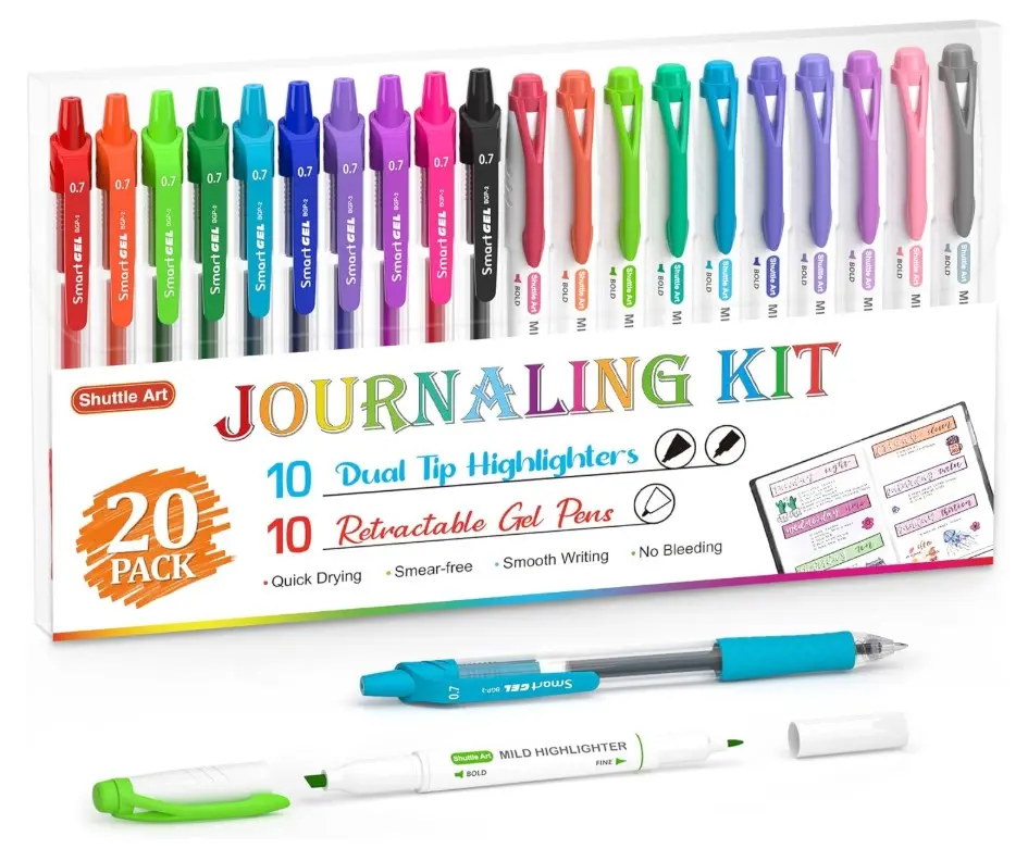 Art 20 Pack Journaling Kit, Dual Tip Highlighters and  Retractable Gel Pens,Perfect for Kids and Adults Coloring,Underlining, Highlighting