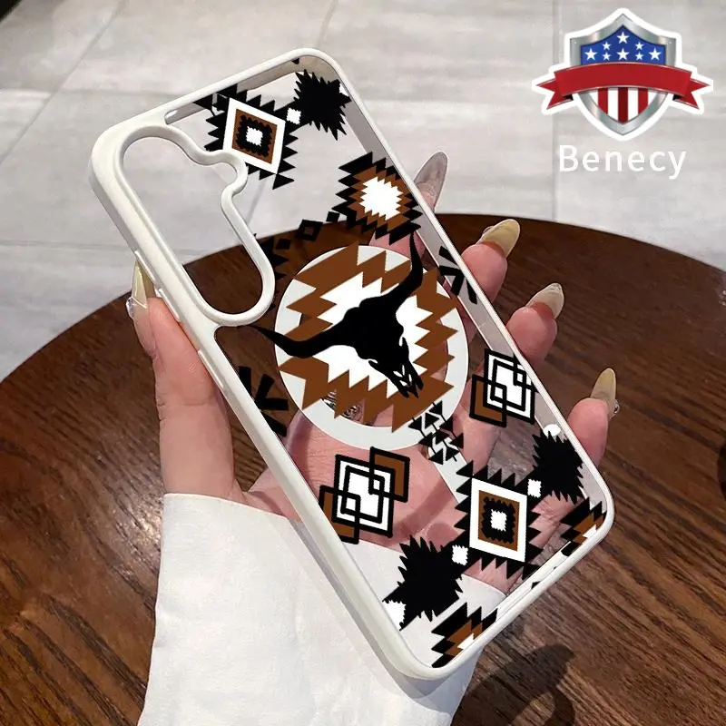 Phone Case Supports Wireless Charging Compatible with Galaxy S23 Ultra S24 Plus FE S25 S22+ Retro Western Cowboy Pattern Anti-Yellowing Shockproof durable ultra-thin Crystal Transparent Acrylic Cover