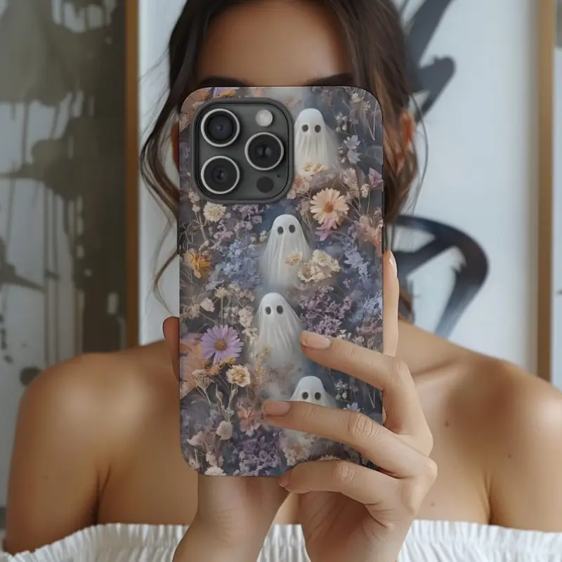 Spooky Floral Ghost Phone Case Fall Halloween Purple Flower iPhone 16 15 14 13 12 Pro Max Plus Samsung Galaxy S25 S24 Ultra
