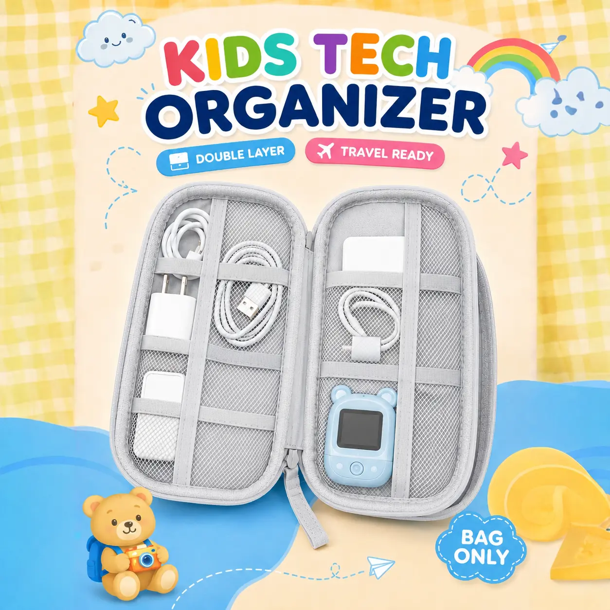 Kids' Travel Tech Organiser - 1-in-1 Home Storage Bag for Cables, Chargers & Kid Essentials - Ideal for Flights, Road Trips Organiser Cordless