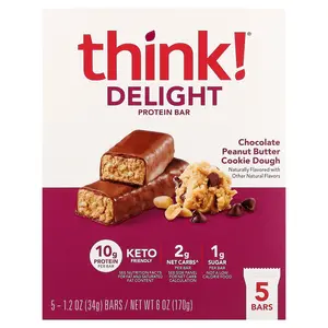 Think ! Delight Protein Bar, Chocolate Peanut Butter Cookie Dough, 5 Bars, 1.2 oz (34 g) Each