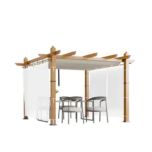 Garvee Modern Aluminum Outdoor Pergola with Retractable Canopy and Mesh Sides, Faux Wood Grain, Waterproof Gazebo for Patio, Deck, Garden, Easy DIY Assembly