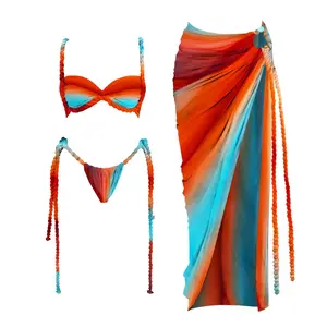 New 3PCs crochet bikini women sexy swimwear halter push-up padded swimsuit bathing suit strappy female bathing suit beachwear