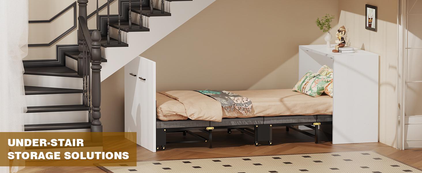 Narrow Twin Murphy Bed with Mattress Included Hideaway Cabinet Tri-Fold Walnut White Foldable Space-Saving Farmhouse Design Easy Assembly Silent Wheels