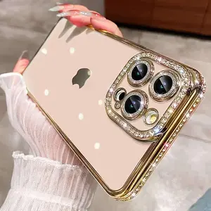 Luxurious Sparkling Crystal Clear Wireless Charging Plated Phone Case For iPhone 17pro/12/13/14/15/16 Pro Max Plus With Shockproof Band, Glitter Camera Lens Protector, And Back Cover, Drop Protective Phone Cases, for iPhone 17 Pro Max