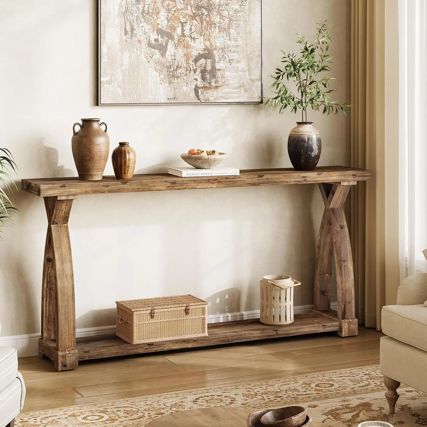 TRIBEWOOD 63" Solid Wood Farmhouse Console Table - Skinny Entryway Accent Table, Wooden Work Surface Living Room Furniture, 2 Storage Tiers, Curved Legs, 350Lbs Capacity, Quick Setup for Foyer, Natural Grain, Rustic Charm
