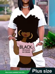 【Plus Size】Cartoon Character Print V Neck Dress, Casual Short Sleeve Dress for Daily Wear, Women Plus Clothing for All Seasons, Womenswear