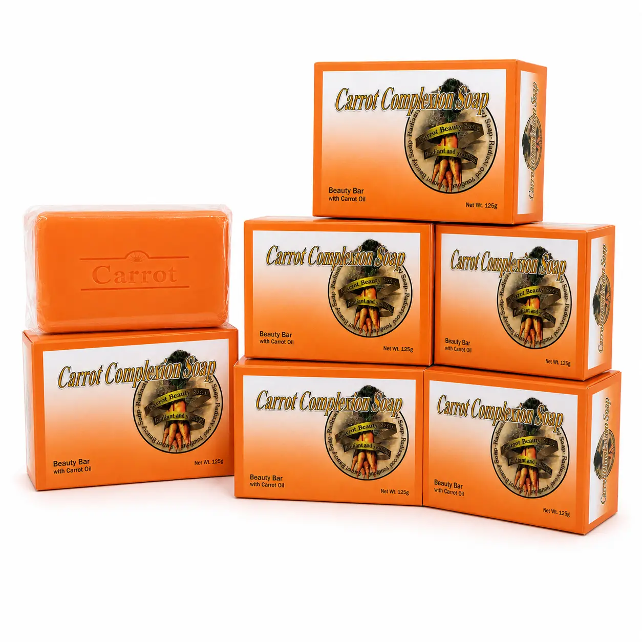 Carrot Complexion Soap Pack of 6 | Quad Milled Beauty Bars with Carrot Extract, Moisturizing Face and Body Soap Value Set, 125g Each