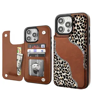 Stylish Leopard print Pattern Phone Cases,Compatible For SAMSUNG GALAXY S22 S23 S24 ULTRA PLUS Premium Leather Flip Wallet with Card Bag Holder Women Gift ,Black Brown Pink,  Shockproof Anti-Drop Full Protection Cover Shell Casing